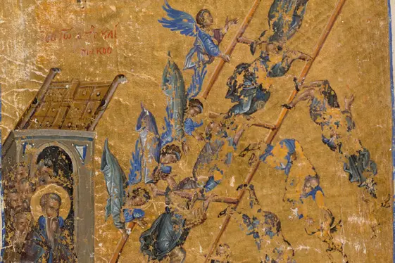 Saint with a halo on the left, and then a ladder angels ascending, and other mortals falling off.