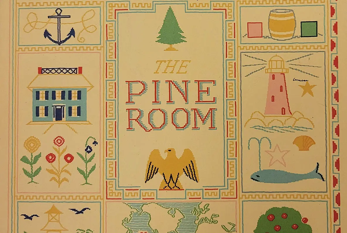 The Pine Room, with images of a home, flowers, a lighthouse, a whale, an anchor, etc.