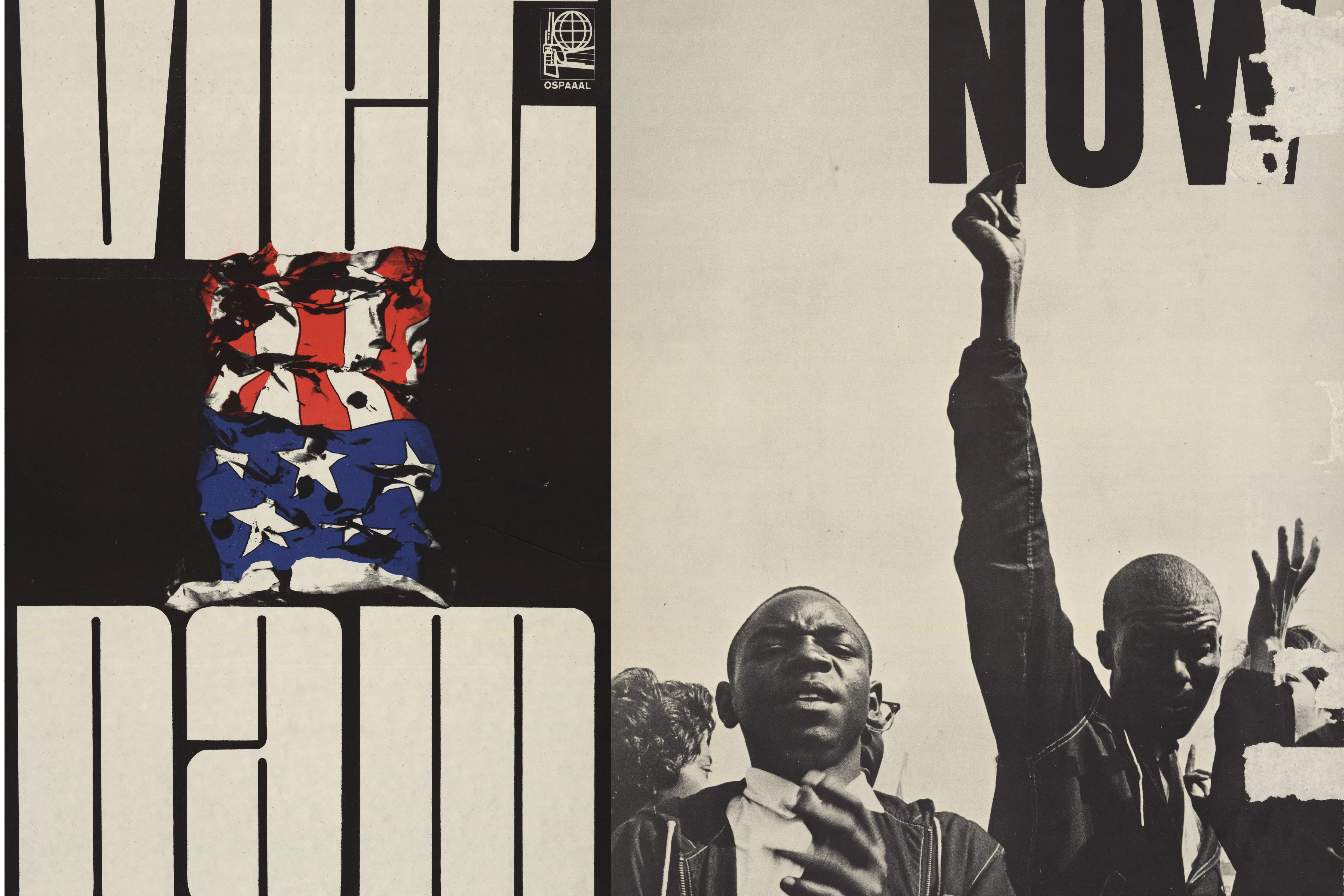 VietNam with an Uncle Sam hat, and Black protesters with hands raised.