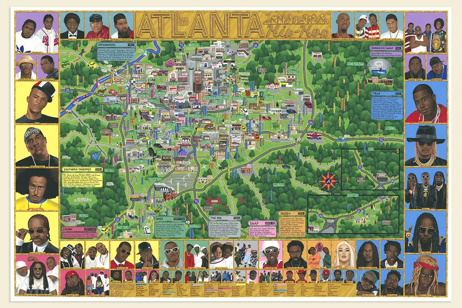 Hand painted Atlanta Hip-Hop map, with artist headshots around the perimeter.