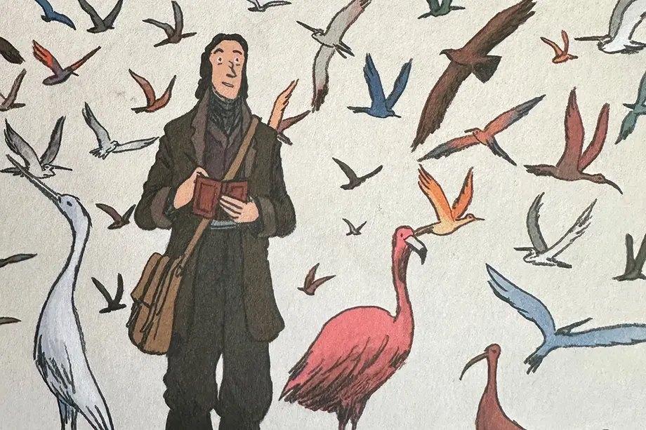 John James Audubon, surrounded by colorful flying birds plus a heron and a flamingo standing next to him.