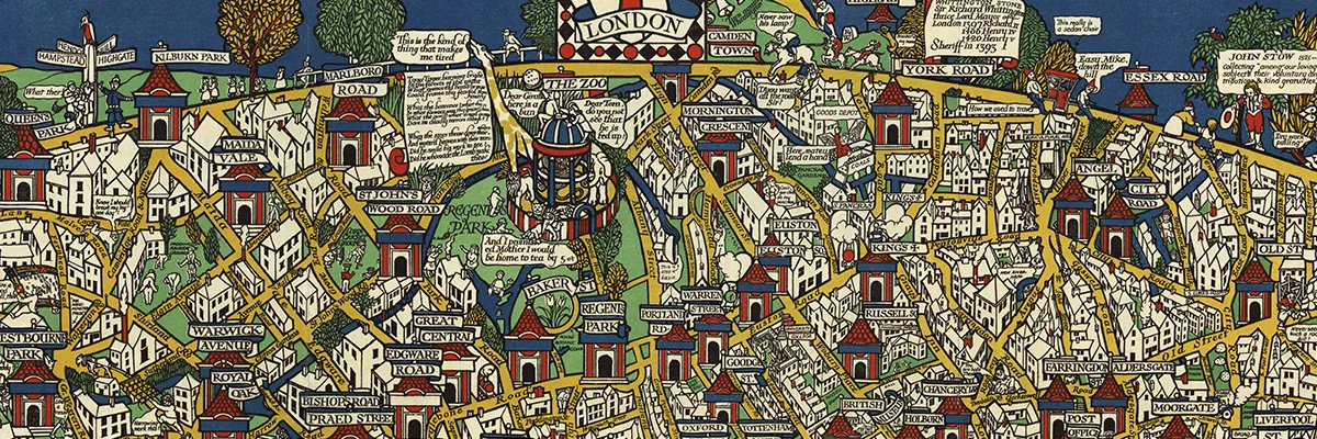 A portion of a colorful, whimsical pictorial map of London made in 1914