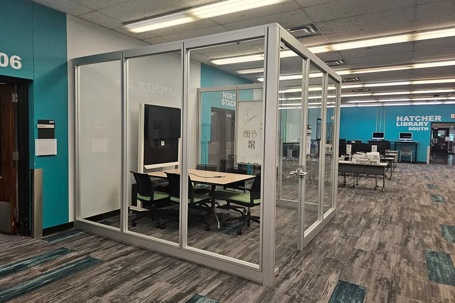 Glassed in space along a wall with a table, five chairs, and wall-mounted screen. Computers and entrance to Hatcher South are in the background.