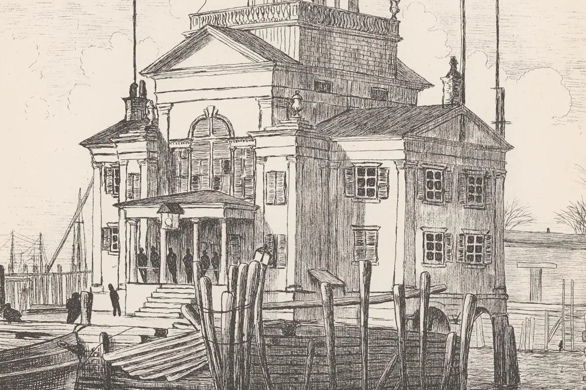 Black-and-white line drawing of a two-story waterfront building with shutters, chimneys, and a tower-like upper section. People stand near the entrance, while a boat and docks are visible in the foreground.