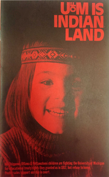 cover of pamphlet "U of M is Indian Land," including a photograph of a smiling Native American child