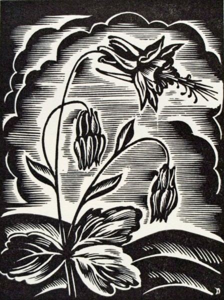 John DePol's black-and-white woodblock print of Columbine flowers.
