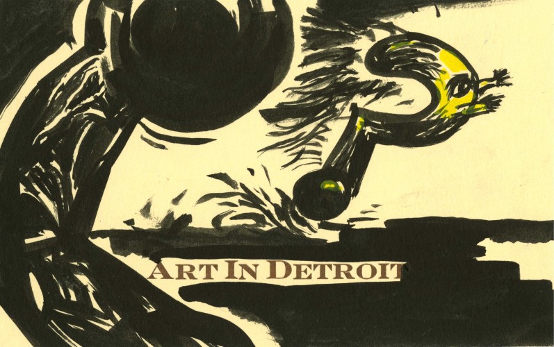 original postcard reading "Art in Detroit" with an illustration of a running question mark