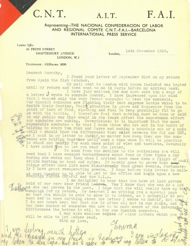 Original letter from Emma Goldman to Dorothy Rogers