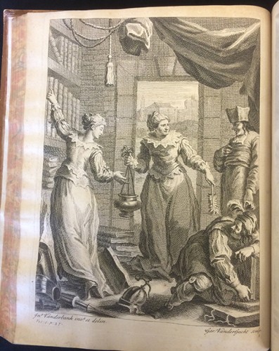 In search of the chivalry novels to be destroyed. Copperplate engraving. Miguel de Cervantes. Vida y hechos del ingenioso don Quixote de la Mancha (Londres: J. y R. Tonson, 1738)