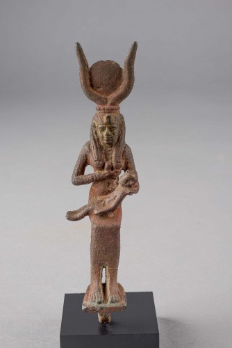 Isis Nursing Horus. Fayum. Egypt; 332 BC-200 AD; Bronze; 115 x 275 x 28 mm; KM 3130; David Askren, 1925