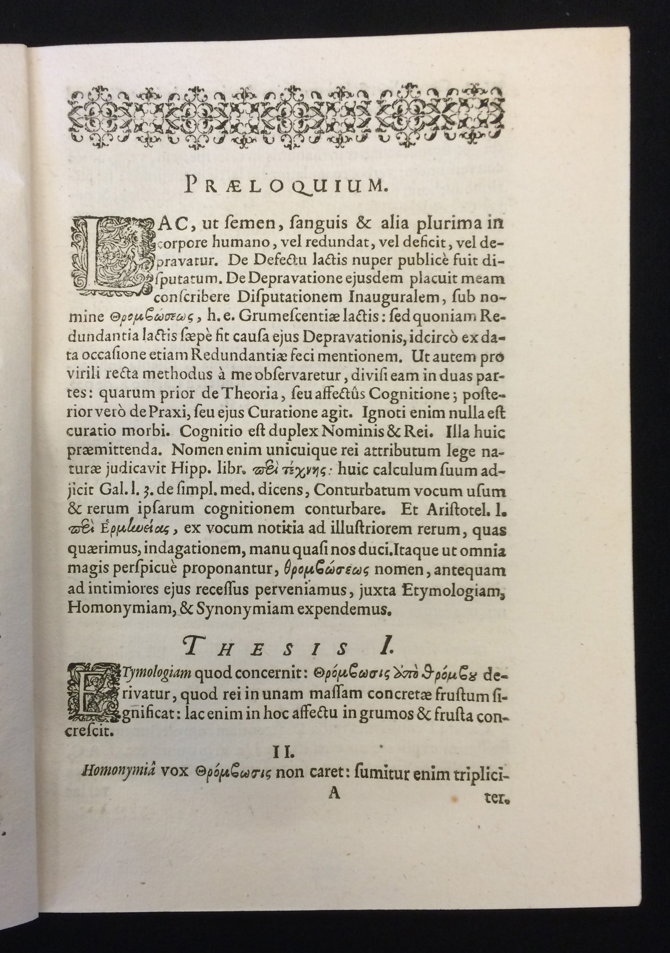 Prologue of Nicolaus Grosjean's De ΘΡΟΜΒΩΣΕΙ h.e. lactis in mammis coagulatione (Basil, Ex typographia Deckeriana, 1670)
