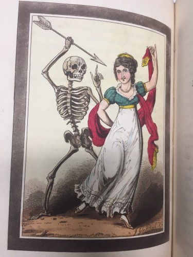 skeletal figure preparing to pierce a dancing woman with an arrow