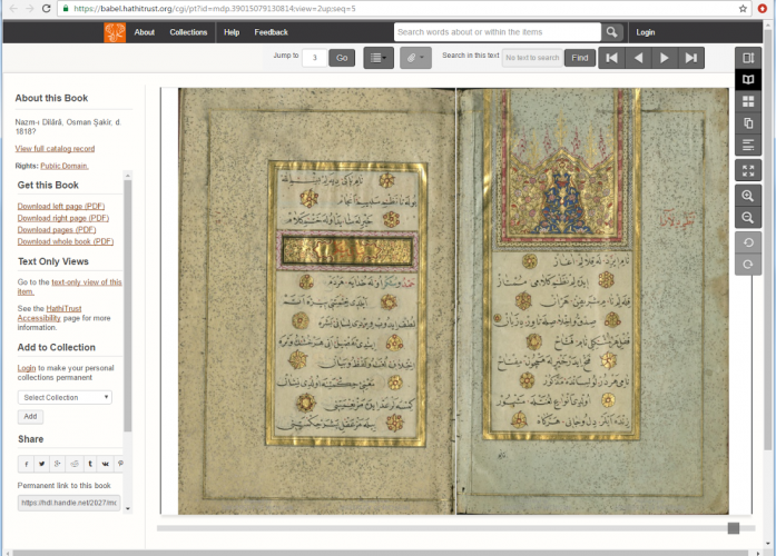 View of a double-page image of Islamic Manuscript 414 in the Hathi Trust Digital Library