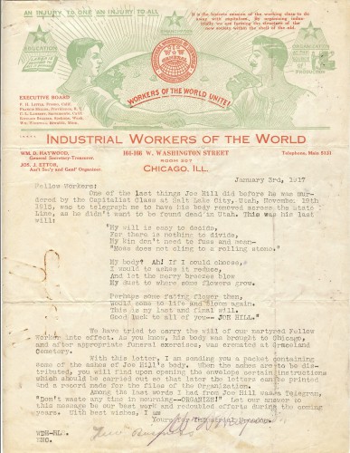 IWW letter from Big Bill Haywood