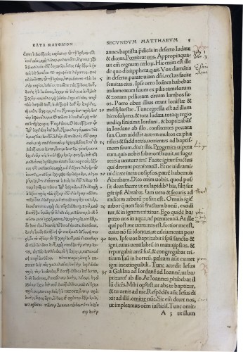 Our copy has been fully annotated by a sixteenth-century reader, as shown in this page of  the second part  containing the Commentaries in Novum Instrumentum omne, diligenter ab Erasmo Roterodamo recognitum & emendatum. Basel: Johann Froben, 1516