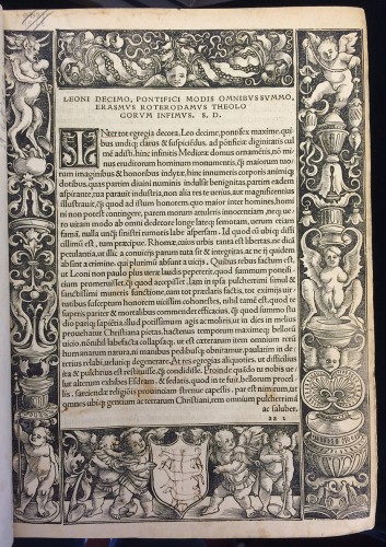 The letter by Pope Leo X endorsing the translation was printed as a Preface. Erasmus often mentioned this letter in correspondence with his friends to justify his changes to the Vulgate version. A former owner playfully drew three weasels, which represent the coat of arms of the Wesel family. Novum Instrumentum omne, diligenter ab Erasmo Roterodamo recognitum & emendatum. Basel: Johann Froben, 1516