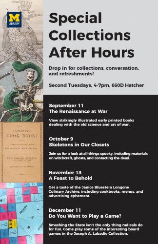 poster describing upcoming events including an October Halloween event, November culinary history event, and December radical board game event