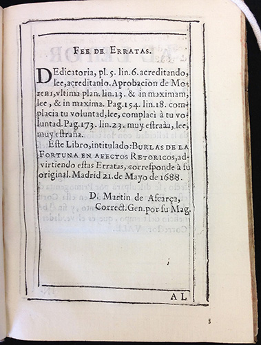 ​ Errata  in Giovanni Francesco Loredano's Burlas de la fortuna en afectos retoricos (Madrid: Diego Dises, 1688)