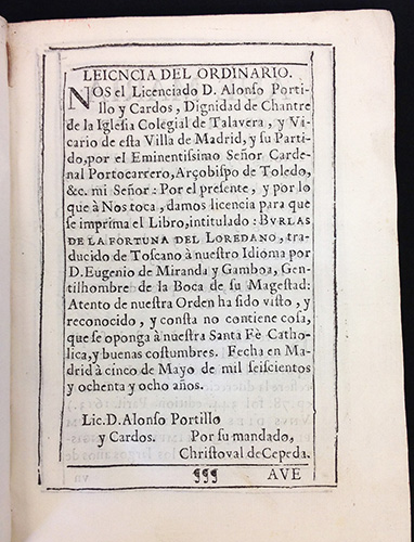 License in ​Giovanni Francesco Loredano's Burlas de la fortuna en afectos retoricos (Madrid: Diego Dises, 1688)