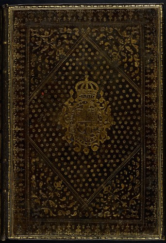 Seventeenth-century calf-skin binding with Stuart Royal Arms used for James I in our copy of the Second Folio:  Mr William Shakespeares comedies, histories, and tragedies: Published according to the true original copies (London: Thomas Cotes, 1632)