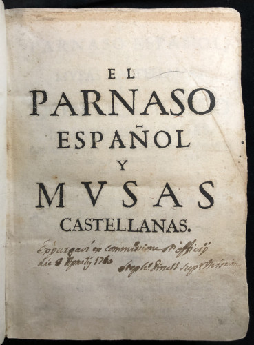 Title page of Francisco de Quevedo y Villegas. El Parnaso español y musas castellanas (Barcelona: Rafael Figueró, 1703)