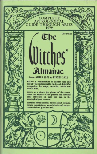 front cover of Witches' Almanac describing the volume as "the indispensible guide and delightful companion for adept, occultist, witch and mortal alike"