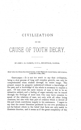Title page for Civilization not the Cause of Tooth Decay, by John J. R. Patrick