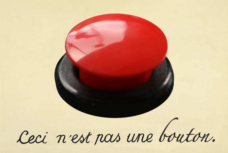 A photoshopped version of a Magritte painting with an image of a button and the words, "Ceci n'est pas une bouton".