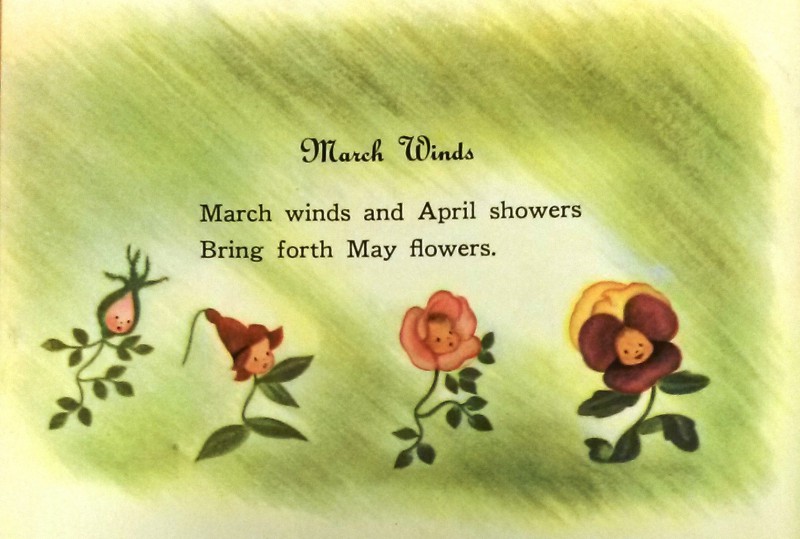 March Winds nursery rhyme illustrated by anthropomorphic flowers