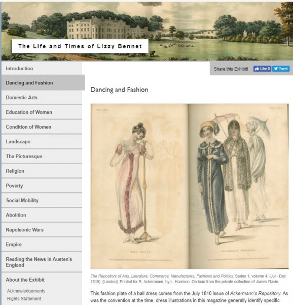 Screenshot of online exhibit, showing header image of English manor house, exhibit sections down the left side, and two fashion plates in the center-right: a pink ball gown and three promenade dresses.