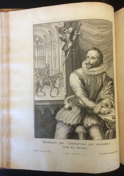 Portrait of Miguel de Cervantes by William Kent, copperplate engraving, in Vida y hechos del ingenioso don Quixote de la Mancha (Londres: J. y R. Tonson, 1738)