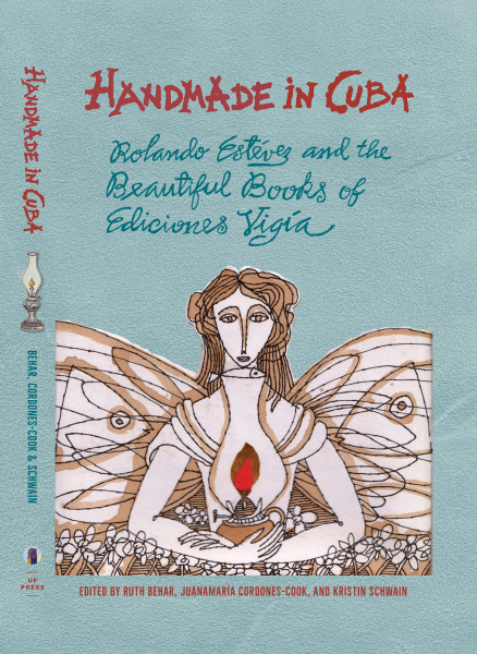 Book Cover: Somewhat abstract drawing of a woman with wings holding an oil lamp on a pale blue background