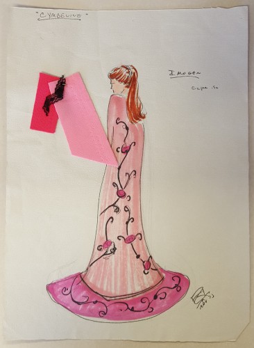 costume sketch for Imogen - a long pink dress decorated with rose vines.  