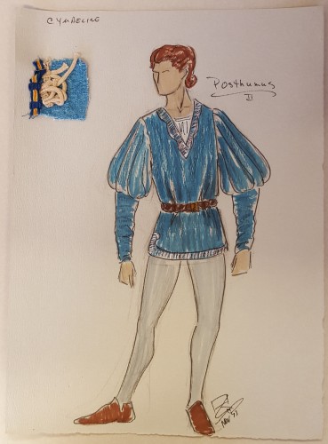 Costume design for Posthumus - blue doublet and close-fitting hose. 