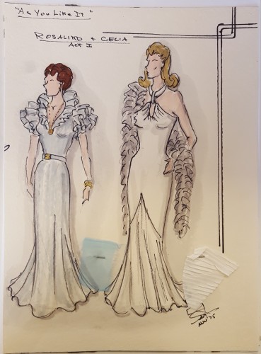 Costume designs for Rosalind and Celia - long, close-fitting evening gowns