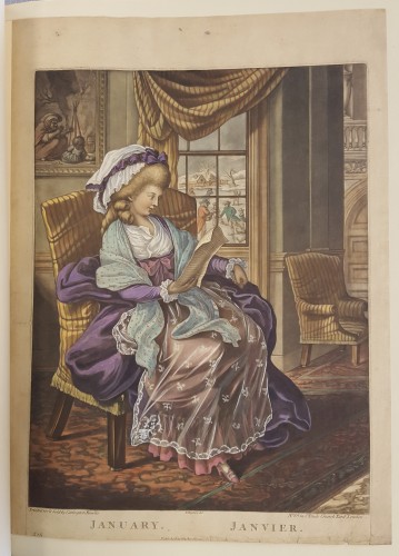 Woman in 18th c. dress reading a sheet of paper in a chair, in a richly furnished home. View of a snowy day outside. 