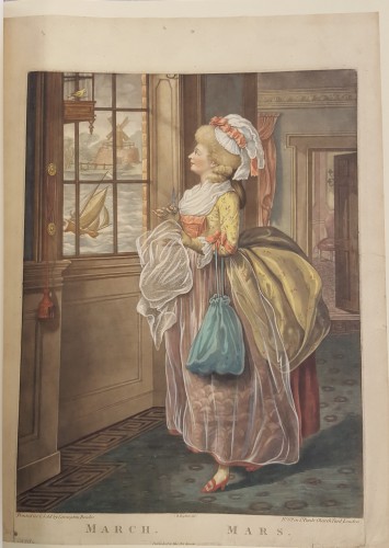 Woman standing at the window, with scissors and cloth in hand, watching a windmill outside.