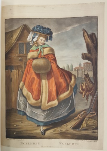 Woman in 18th c. dress, with a billowing cloak outside. Gun and dead birds in lower right corner. 