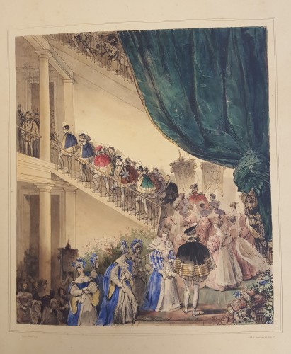 Illustration of a large crowd ascending a staircase at the ball depicted in this book. 