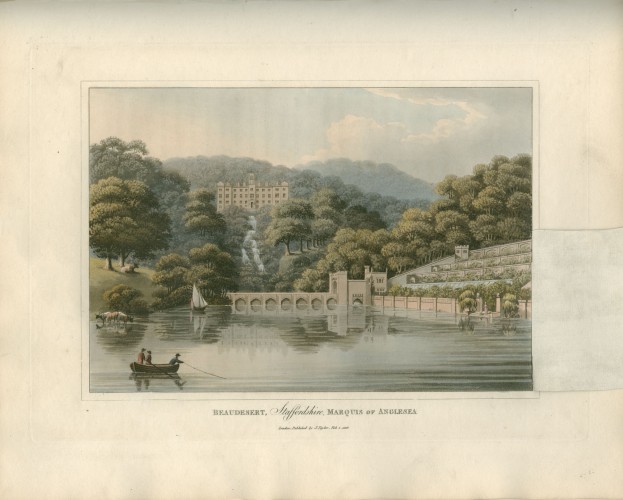 Landscape showing an English manor on a hill, overlooking a lake in the foreground. 