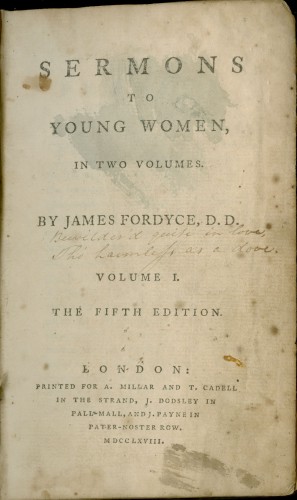 Title page of Fordyce's Sermons. Text, no illustration. 