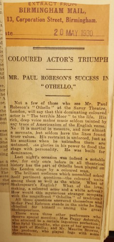 News clipping from Birmingham Mail describing Robeson's success.