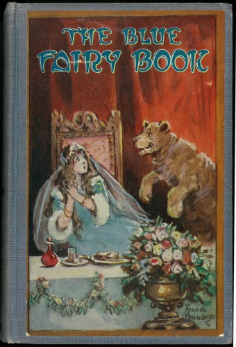Cover of The Blue Fairy Book, depicting a princess at table, set upon by a bear