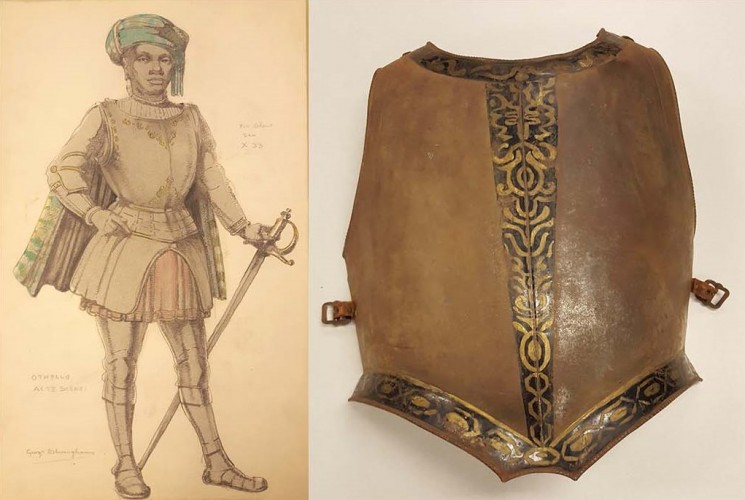 Two imates: 1) costume design for Othello's armor. 2) Photograph of breastplate in archival collection. 