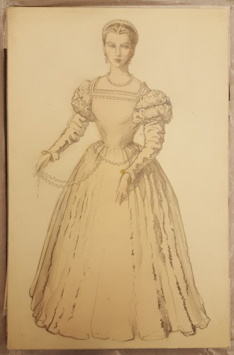 Costume sketch for Desdemona in white gown