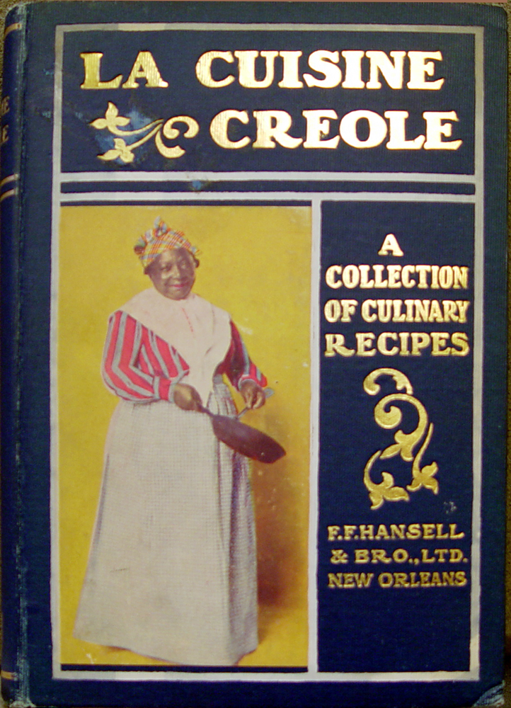 Ornate book cover, blue with gold lettering, and a picture of an African-American woman with a frying pan