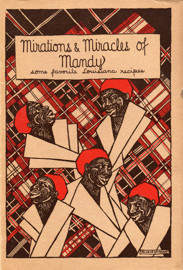Abstract design in red, white, and black of the head and shoulders of a caricatured African-American woman wearing a head scarf 