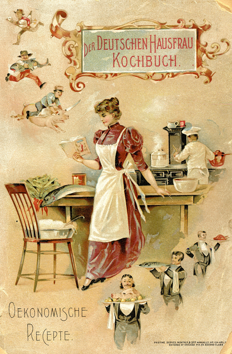 A woman standing at a kitchen table, with ingredients around her. Many small figures delivering or serving food surround her. In the background a chef cooks at a stove.