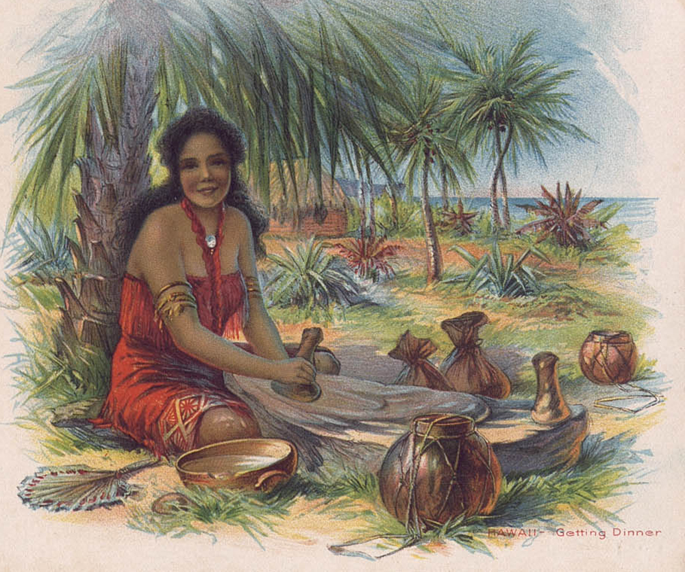 A Hawaiian woman with pounding taro to make poi , with palm trees in the background