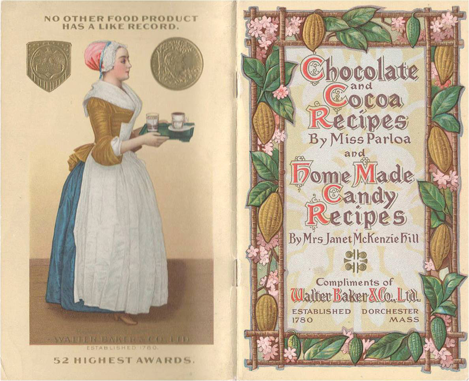 Front and back cover showing a woman in a cap and long apron carrying a tray with a cup of chocolate and a glass of water, and the title in an elaborate font surrounded by stylized cacao pods